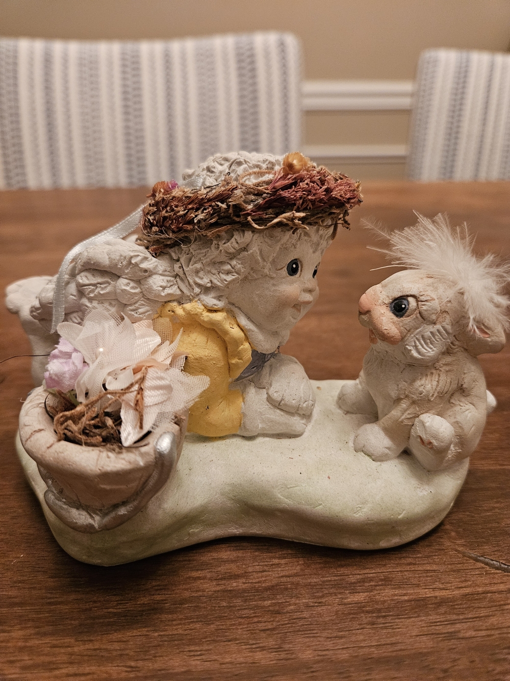 Dreamsicle Cherub Whimsical White Angel Figurine with Yellow Accents and Bunny